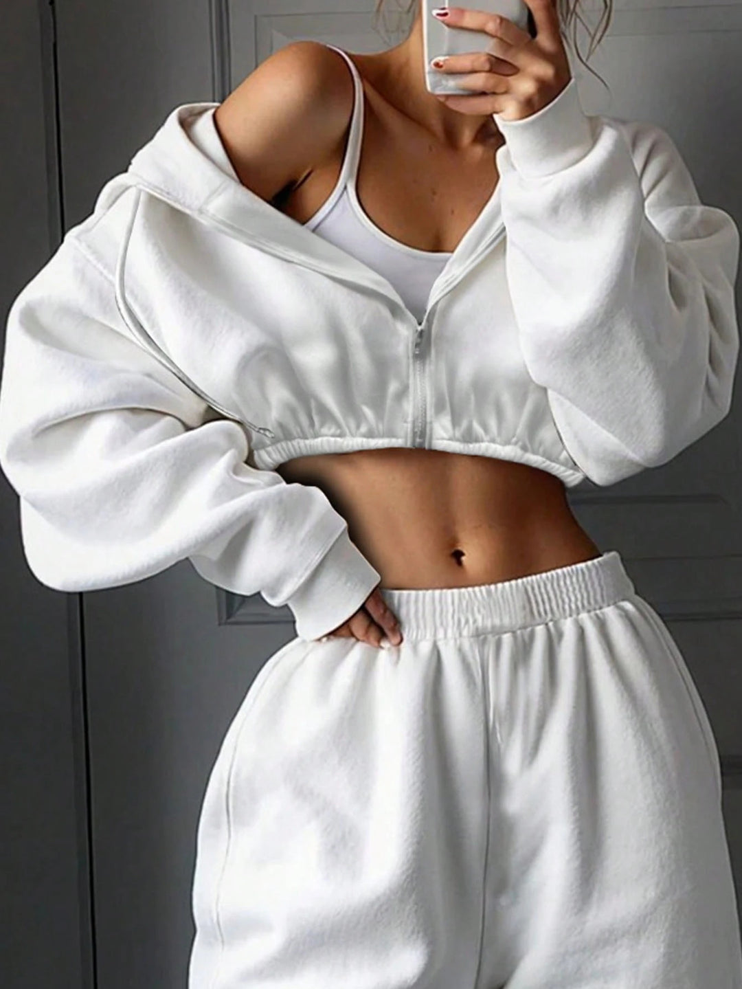 Kvindernes cropped fleece hoodie og casual joggers sæt Skovae