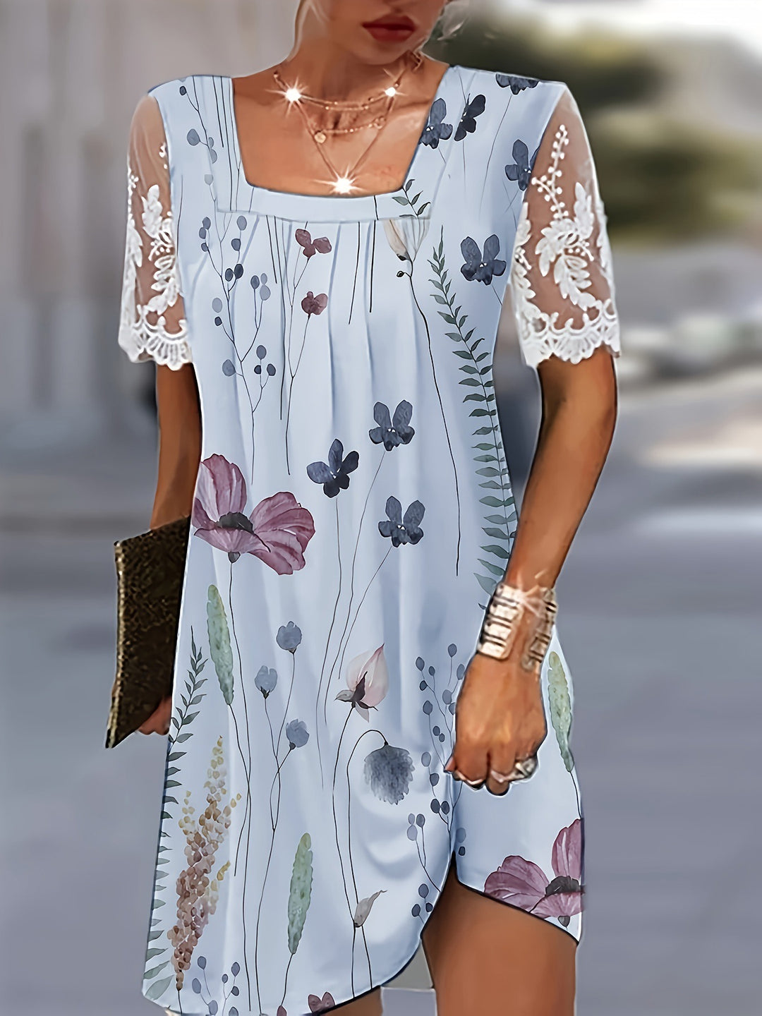 Dame Floral Print Shift Kjole med Spidsærmer Stilla