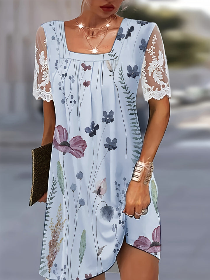 Dame Floral Print Shift Kjole med Spidsærmer Stilla