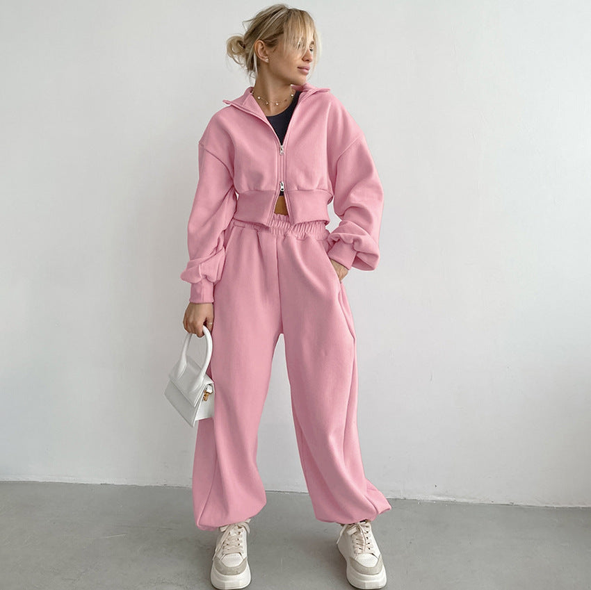 Dame Sporty Crop-Top og Joggingbukser Set med elastisk Talje Stilla