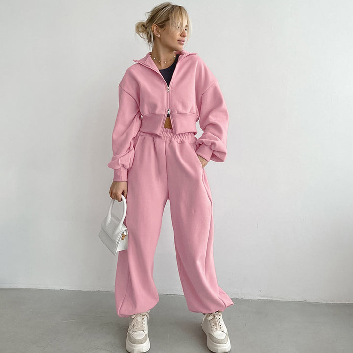 Dame Sporty Crop-Top og Joggingbukser Set med elastisk Talje Stilla