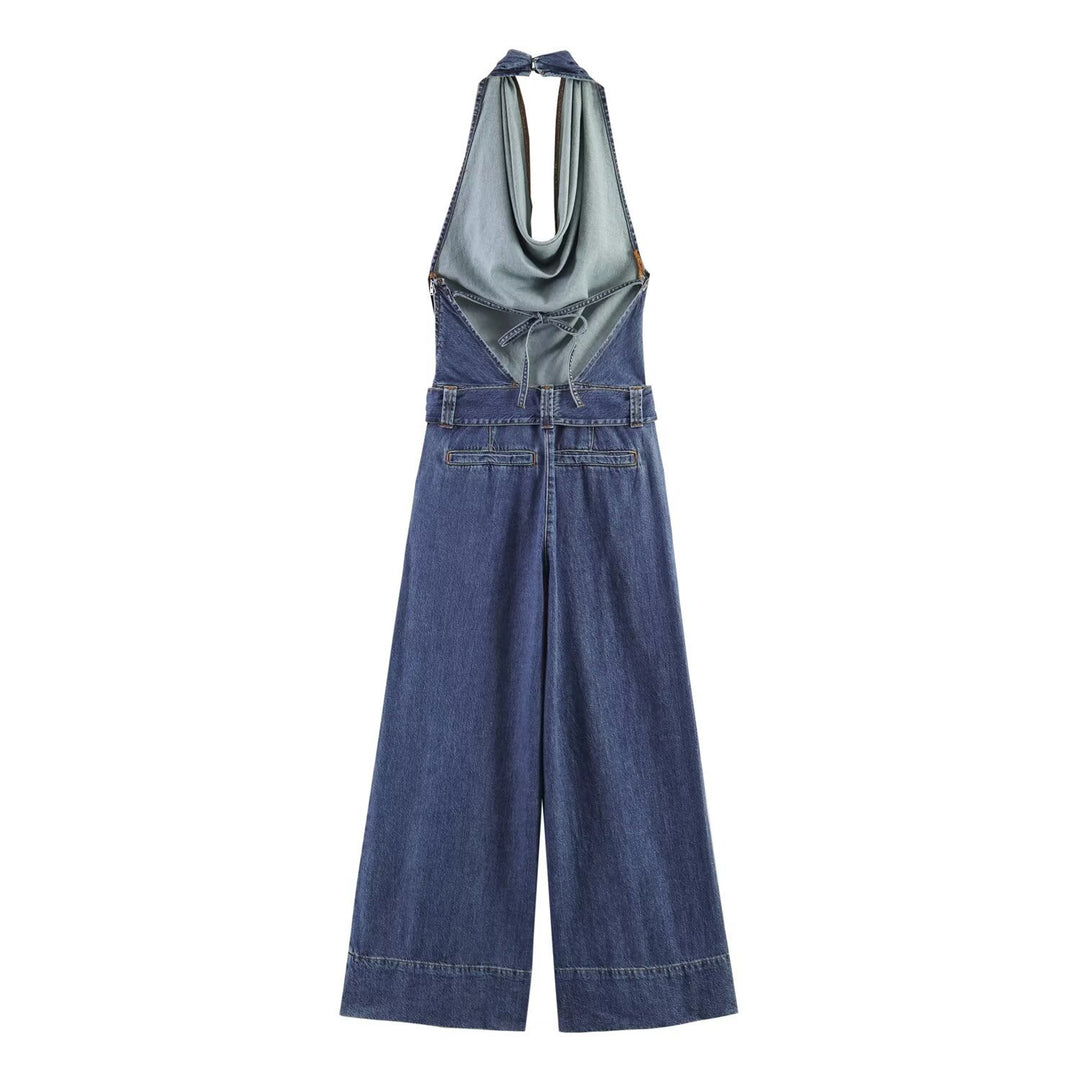 Dame jumpsuit med halvdækning og bredt ben Skovae