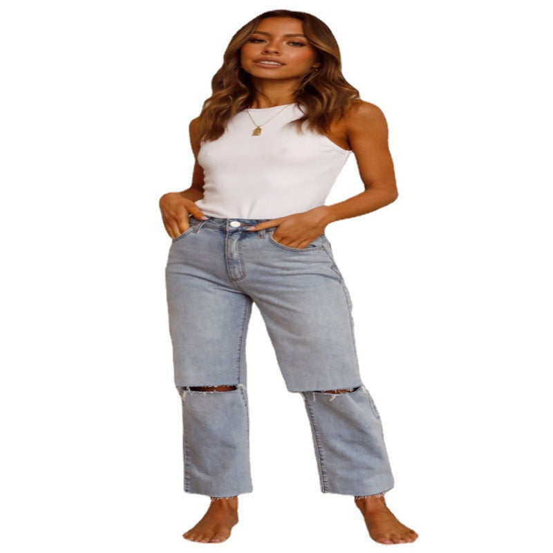 Dame Ripped Jeans i afslappet High-Waist-snits med frynset kanter Stilla
