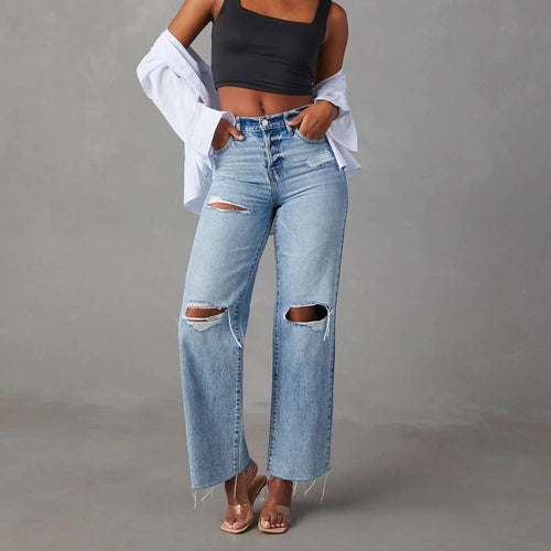 Dame High-Waist Ødelagte Jeans med frynset kant Stilla