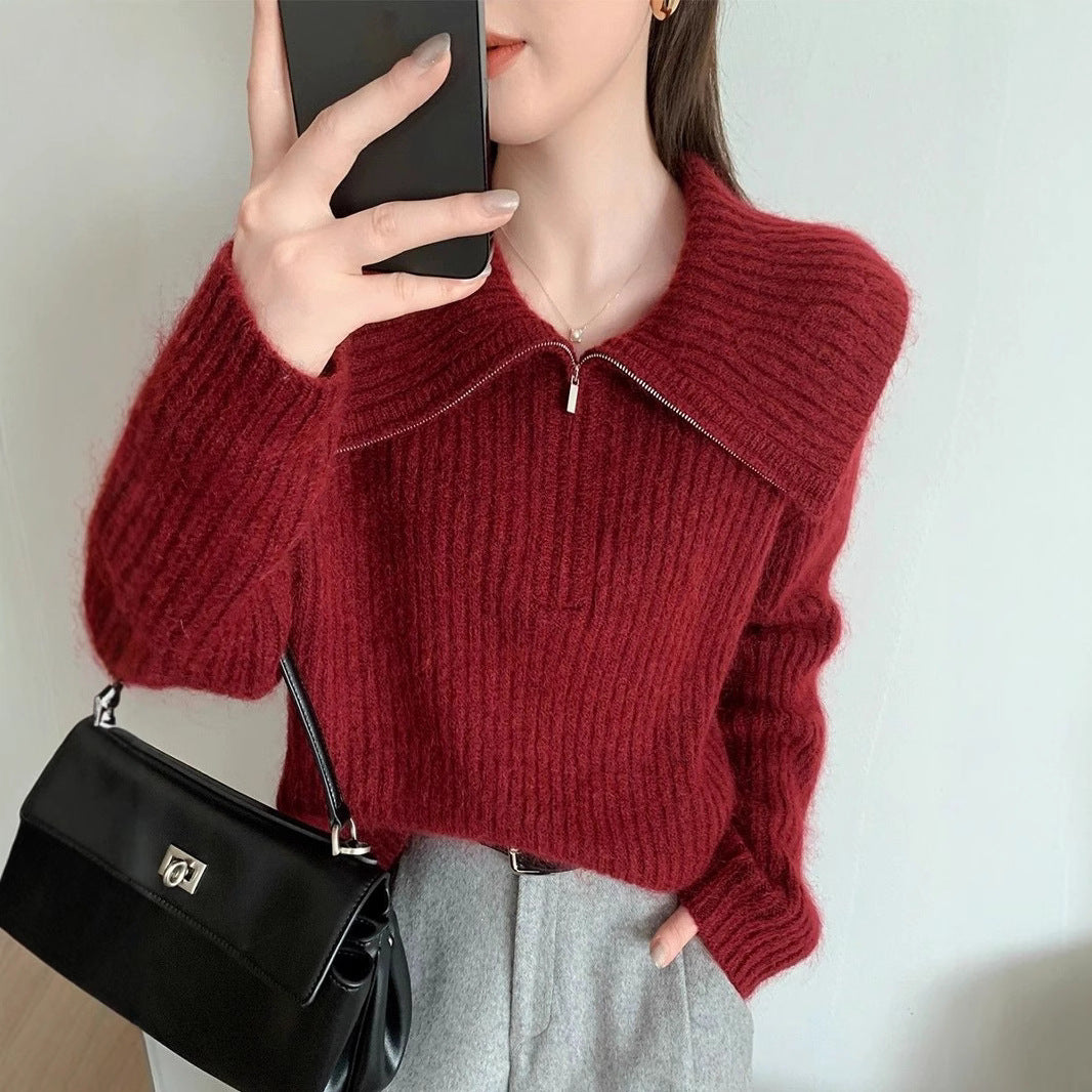 Kvinders strikket sweater med stor krave og lynlås Stilla