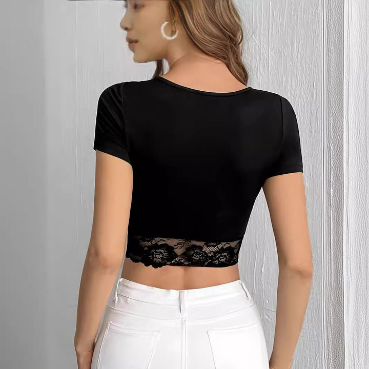 Dame nan kort figurtilpasset Crop-Top med rynket V-udskæring og transparent blondeborte Skovae