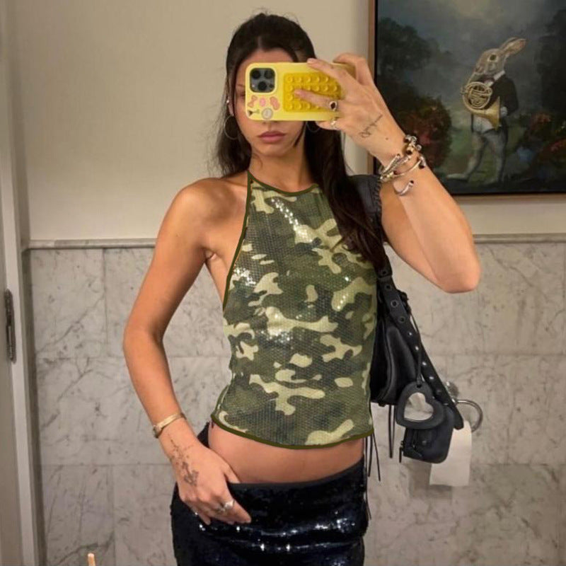 Dame Glitterende Camouflage-Top med Bindebånd Stilla