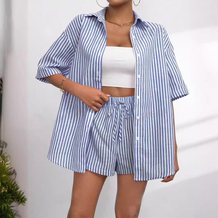 Dame Løs Kortærmet Pyjama-Sæt med Stribet Design Stilla