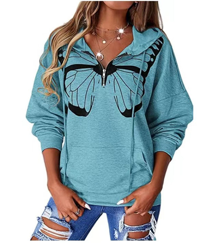 Dame Hoodie med unikt sommerfugletrykt og praktiske lynlåsdetaljer Stilla