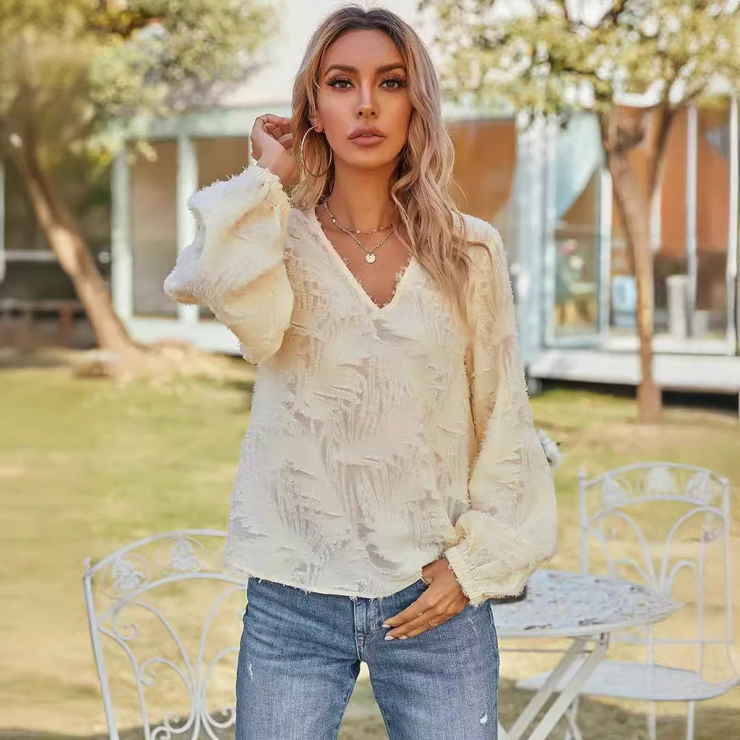 Dame Elegant Bluse med V-Hals og Ballonærmer Stilla
