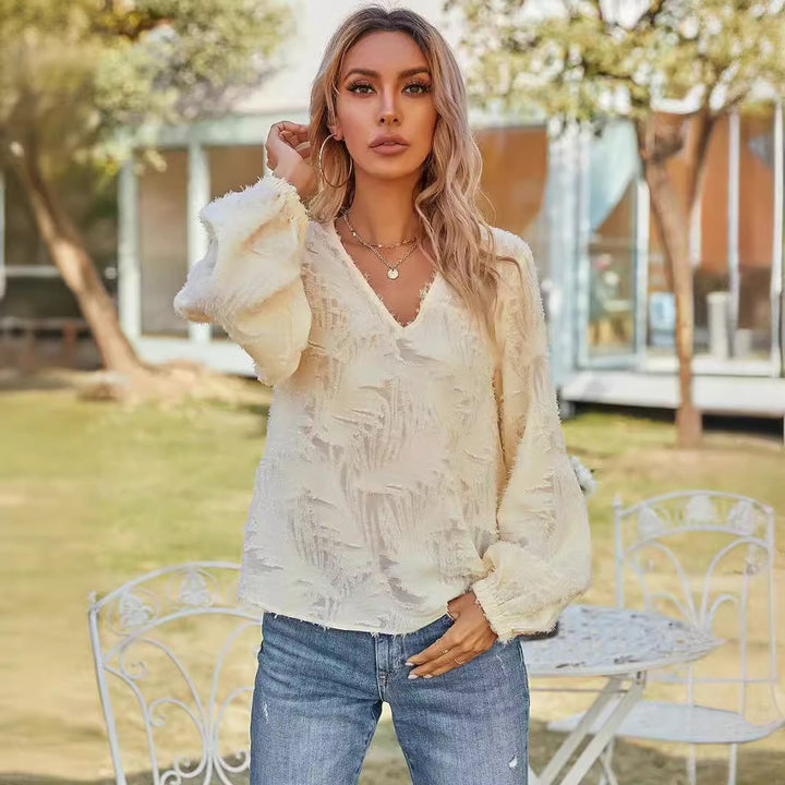Dame Elegant Bluse med V-Hals og Ballonærmer Stilla
