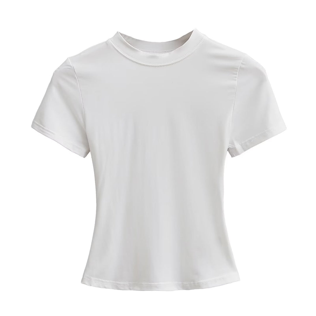 Dame kortærmet T-shirt med højplease krave og figursyet snit Stilla