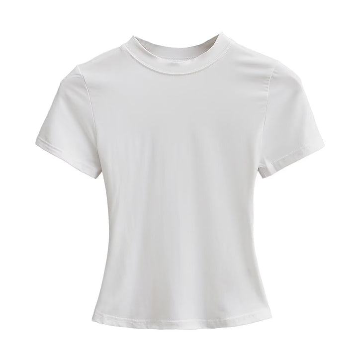 Dame kortærmet T-shirt med højplease krave og figursyet snit Stilla