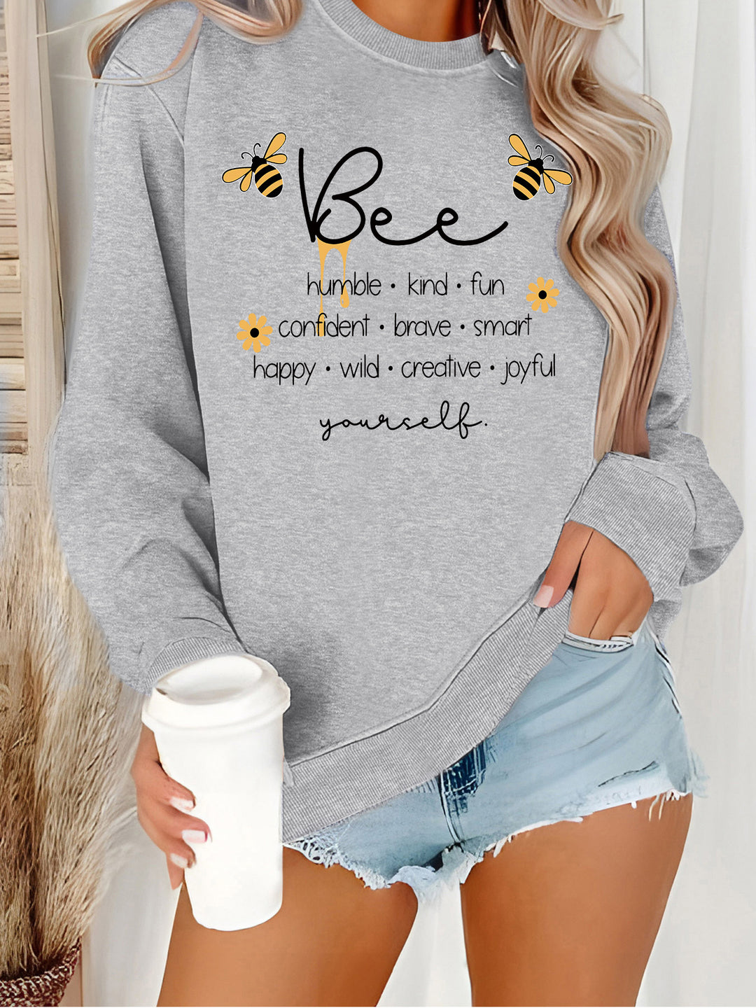 Dame sweatshirt med inspirerende bi-motiv og positive affirmationer Stilla