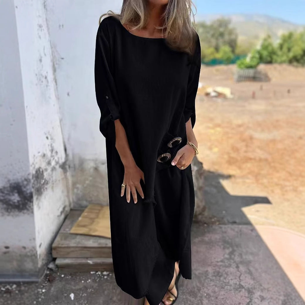 Dame Relaxed Fit Midi Kjole med Knapdetaljer Stilla