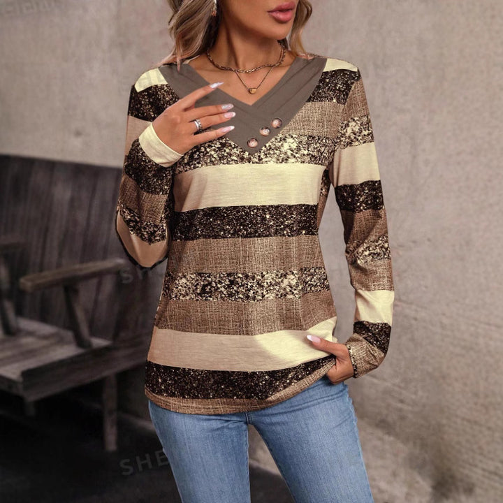 Dame moderne V-hals pullover med glimmerstriber og knapdetaljer Skovae