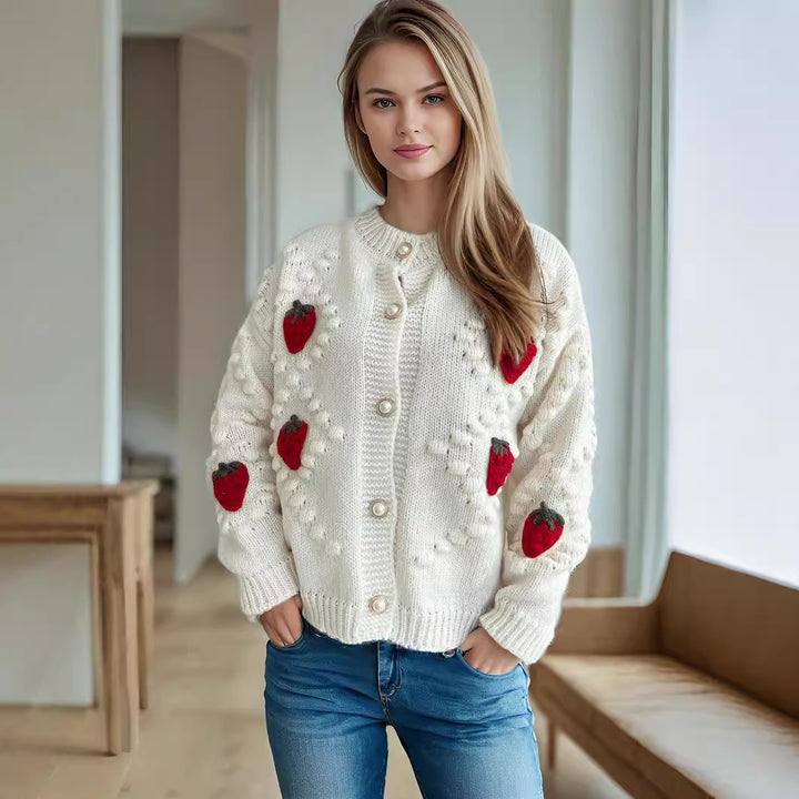 Kvindernes cardigan med leg spæde jordbær broderi og knaplukning Stilla