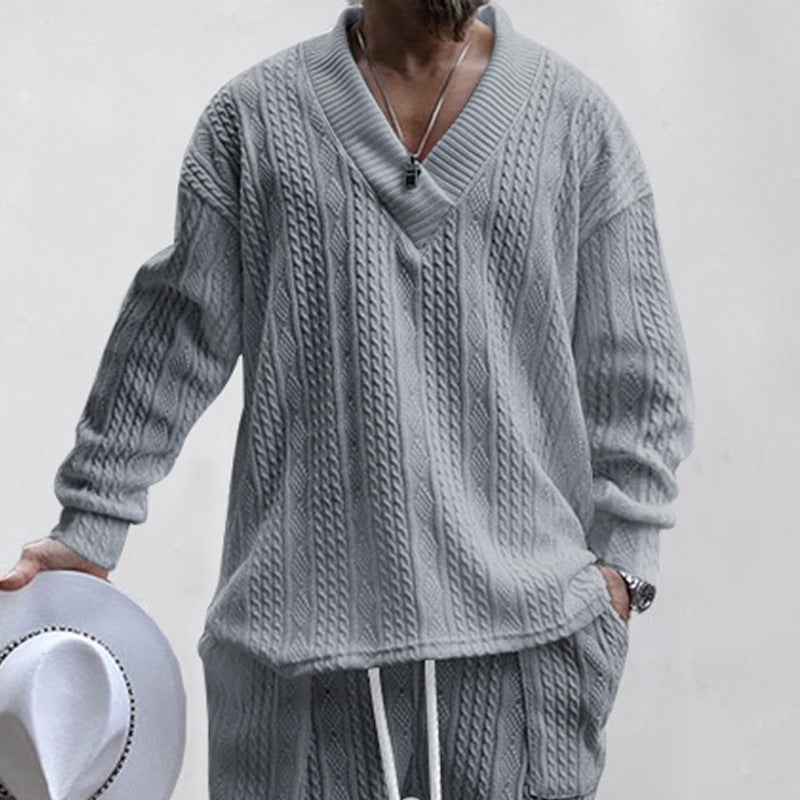 Herren nan Oversize Fletmønster-Longpullover med dyb V-halsudskæring og matchende strikbukser Skovae