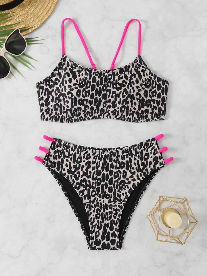 Dame Bikini-sæt med innovative bånddetaljer og moderigtigt leopardmønster Skovae