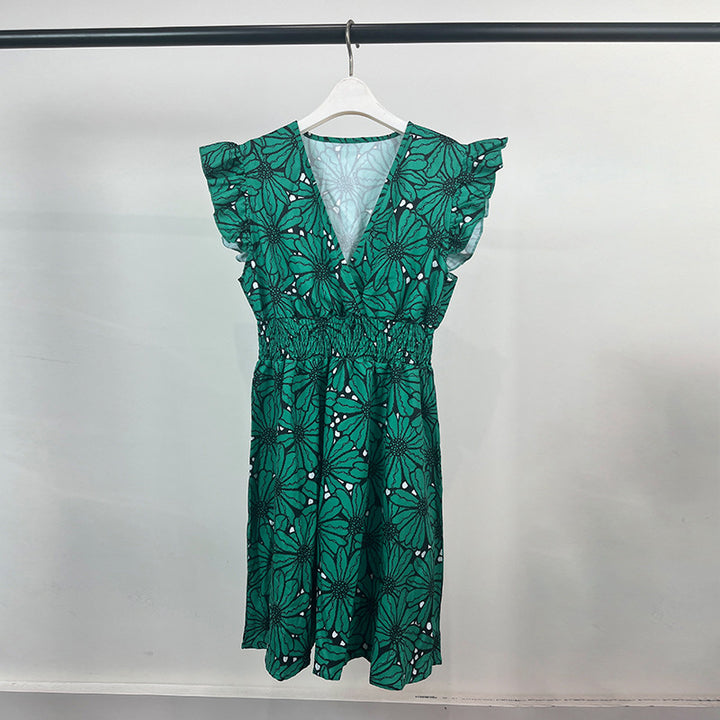 Damer Elegant Floral Kjole med Svingende Kant og Volanger Stilla