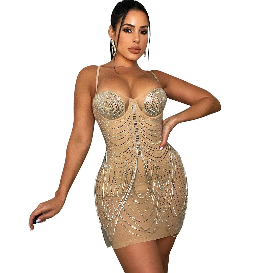 Dame Glitrende Perler Bodycon Mini Kjole Stilla
