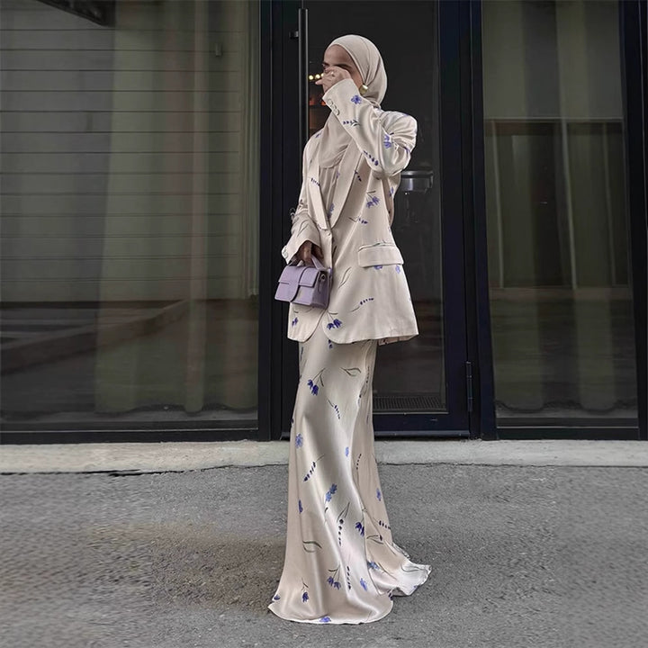 Damer elegant blazer-sæt med blomsterdesign og flydende nederdel Stilla