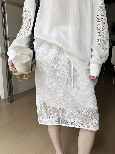 Dame Midi-nederdel med blomsterbroderi og elastisk liv Stilla