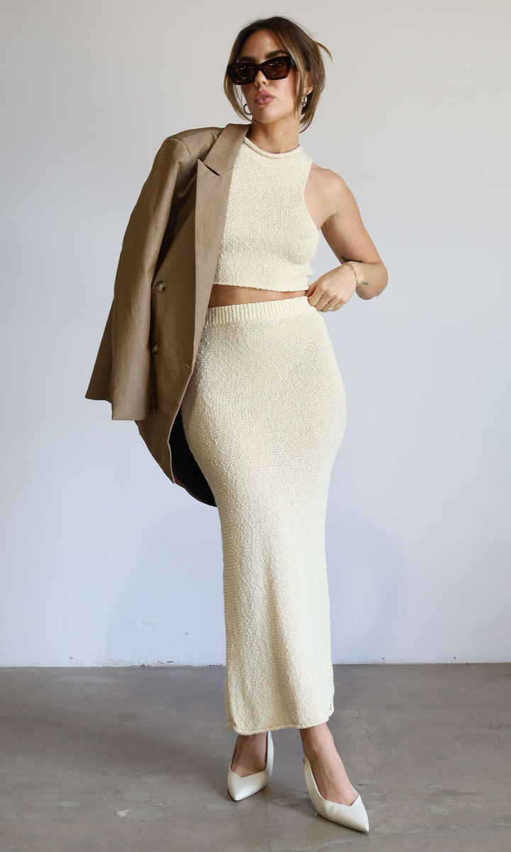 Dame elegant strik crop top og maxiskirt sæt Skovae