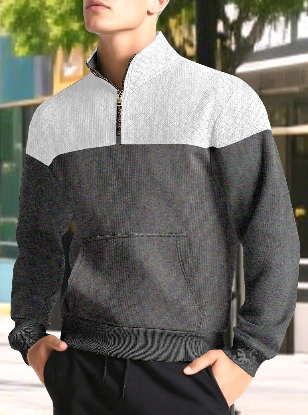 Herrer nan halvlyn-sweatshirt med quiltede skulderparti, kengurulomme og ribbede manchetter Skovae