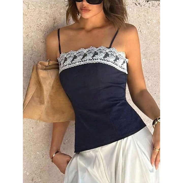 Damen Spaghetti-Träger Top mit elegantem Spitzenrand Skovae