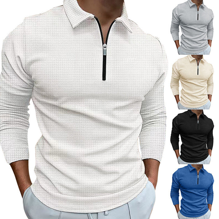 Herre langærmet poloshirt med kentkrave, kort frontlynlås og fin vaffelstruktur Skovae