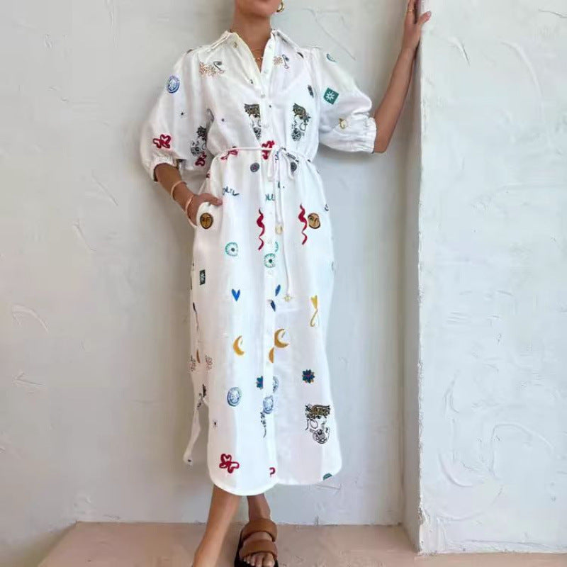 Dame Broderet Button-Up Maxi Skjorte Kjole Stilla