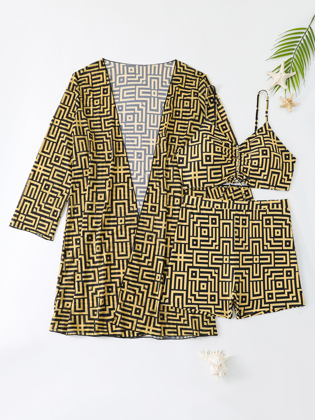 Dame bikini sæt med fashionable kimono og geometrisk mønster Stilla