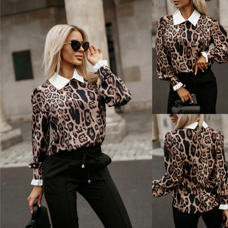Damebluse med leopardmønster og kontrasterende krave Stilla