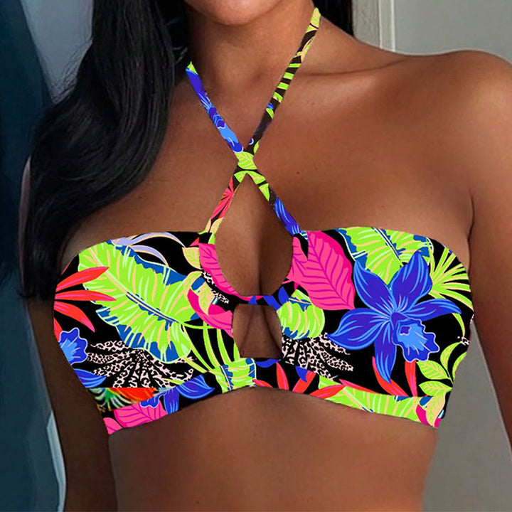 Dame bandeau bikini med kreativ knude-design og blomsterprint Skovae