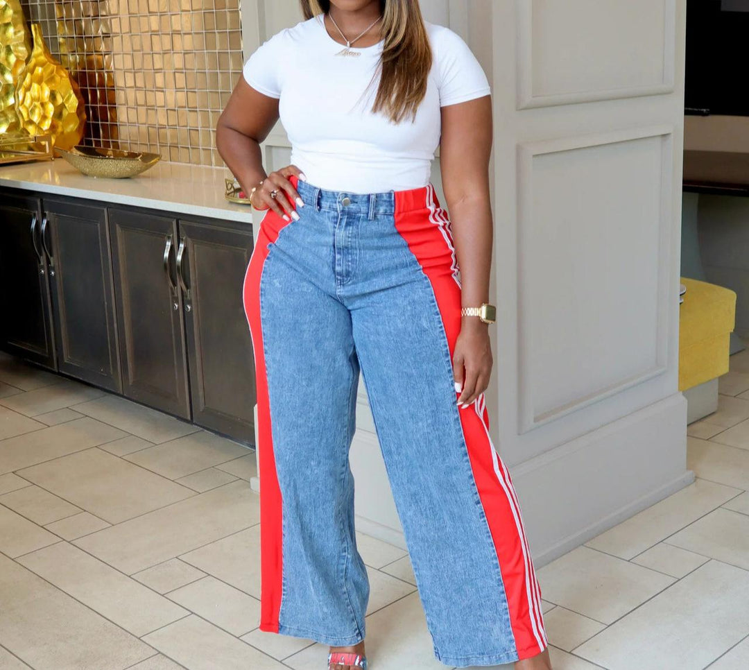 Dame High-Waist Jeans med sporty stribet design og bredt ben Stilla