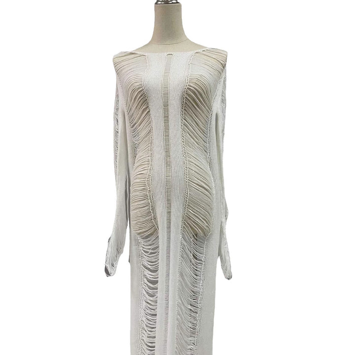 Dame elegant strandkjole med raffinerede frynser og transparente elementer Skovae