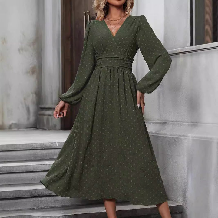 Dame maxikjole med V-hals og elegante puffærmer Stilla