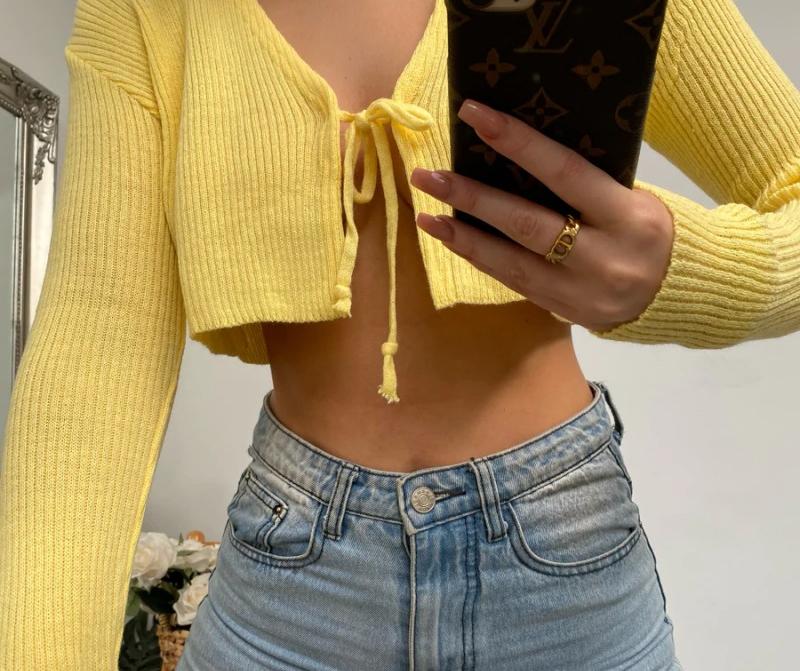 Damer afslappet cropped strik top med bindebånd Stilla