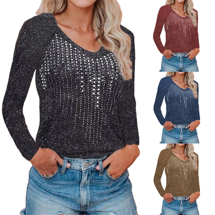 Dame Glitrende Sweatertop med elegant V-udskæring og trendy netdesign Stilla