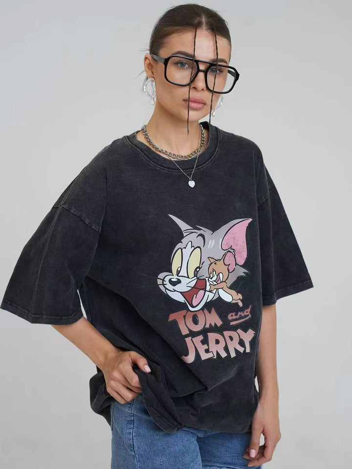 Dame Oversized T-Shirt med afslappet cartoon-tryk og høj kvalitet vintage-effekt Stilla