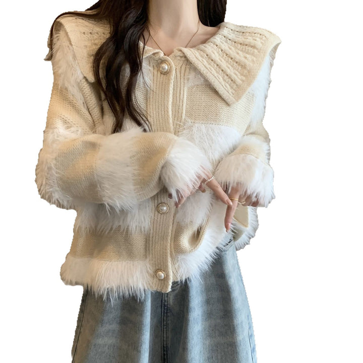 Kvinders cardigan med flettet krave og faux fur applikationer Stilla