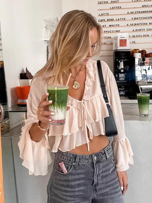 Dame Chiffon Bluse med ruffles detaljer og smart snoretræk Stilla