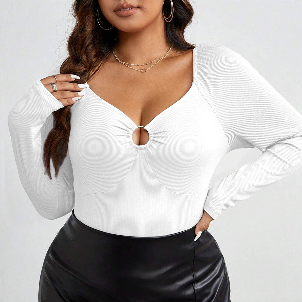 Dame elegant langærmet body med fashionable ringdetalje og flæsedetalje Stilla
