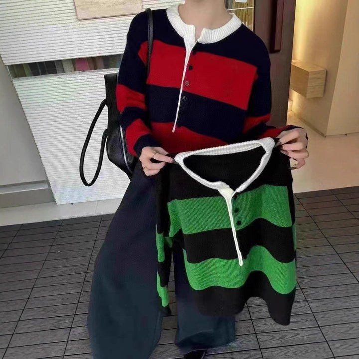 Dame sporty strikket sweater med knaplukning og grafisk mønster Stilla