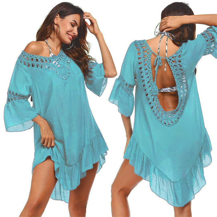 Dame hæklede strandtunika med dyb rygudskæring og flæseærmer Skovae