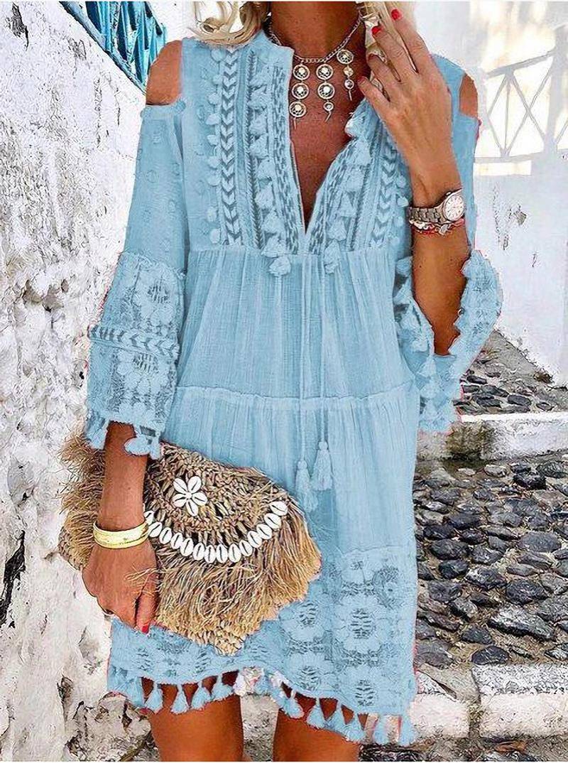 Dame Boho-tunika med spidsdetaljer og åbne skuldre Stilla