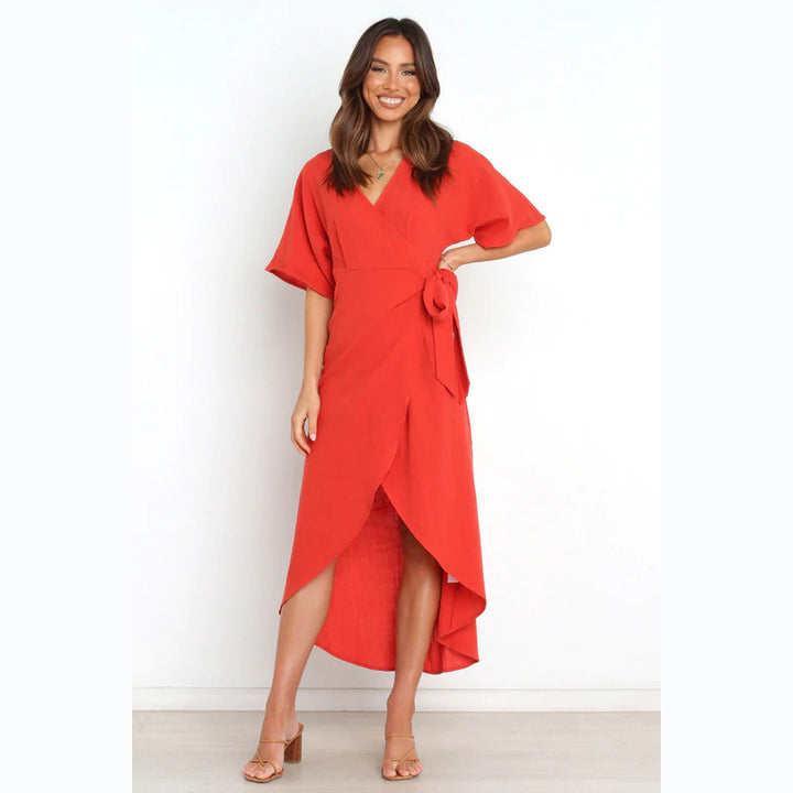 Women's wrap dress with elegant V-neckline and fashionable waist belt