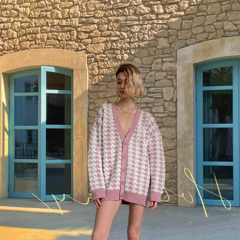 Kvinders mode cardigan i houndstooth mønster Stilla