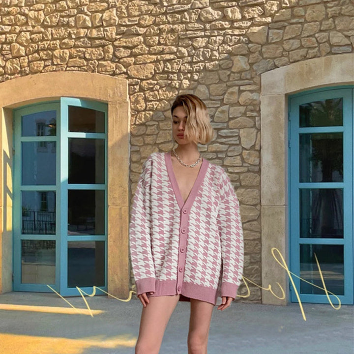 Kvinders mode cardigan i houndstooth mønster Stilla